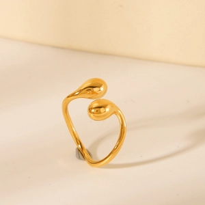 18K gold plated stainless steel open ring with double teardrop design in minimalist style