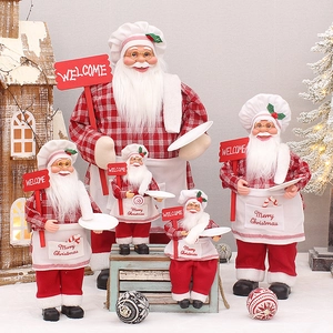 Christmas Chef Santa Claus Figurine Red White Gingham Cloth Welcome Sign Ornament For Restaurant Hotel Holiday Decoration