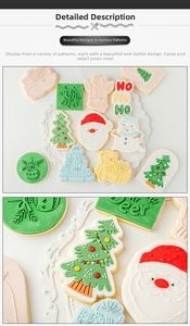 Detail showing colorful Christmas cookies with embossed reindeer and Santa patterns
