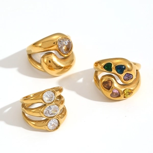 Three gold stainless steel rings with colorful heart shaped zircon and clear gemstones