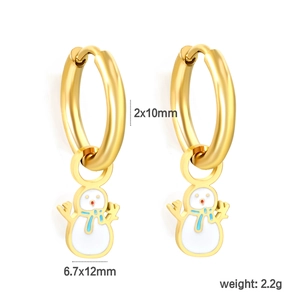 Detailed view of gold hoop earrings with white snowman charms and size measurements