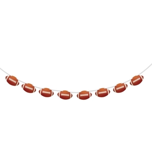 American football party banner with brown ball cutouts and white stitching details