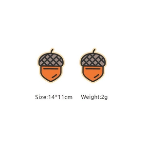 Detail view of cartoon acorn stud earrings showing 14x11mm size and 2g weight specs