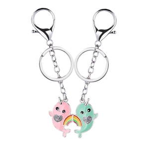 Cute magnetic whale keychains with pink and green alloy pendants and rainbow charms