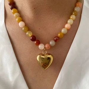 Natural Stone Beaded Necklace With Polished Stainless Steel Heart Pendant Gold Plated Colorful Boho Jewelry For Women