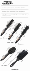 Detailed dimensions of assorted anti-static hair brushes with nylon massage bristles
