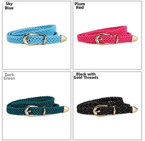 Detailed grid of woven skinny belts in blue, magenta, dark green and black with gold buckles