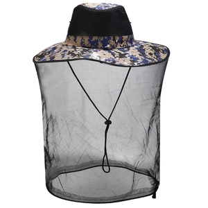 Detail of outdoor sun hat with camouflage brim and breathable black protective mosquito mesh
