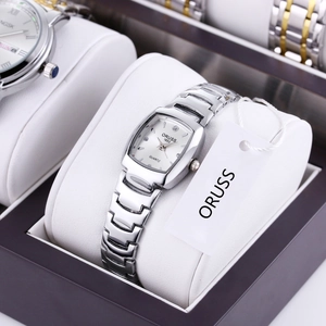 Silver quartz watch with rectangular white dial and sleek metallic band for women