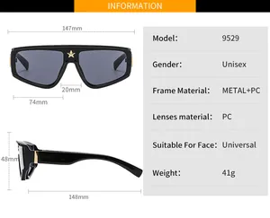Detailed size chart for oversized unisex sunglasses featuring a gold star decoration