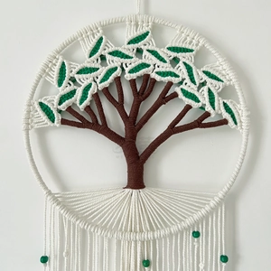 Handmade Tree of Life wall hanging with white cotton ropes and green wooden beads