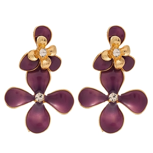 Vintage gold-plated purple enamel flower earrings with sparkling crystal centers