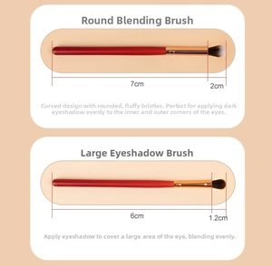 Detailed size specifications for red and gold eyeshadow blending and shader brushes