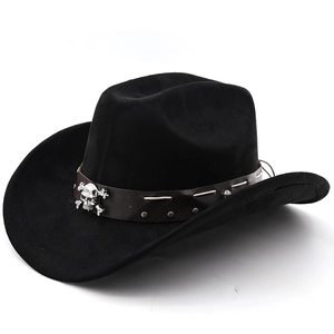 Close-up of black suede cowboy hat with skull studs and leather decorative band