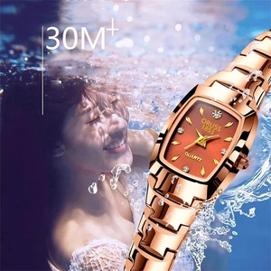 Detail of rose gold quartz watch with rectangle dial showing 30M waterproof performance