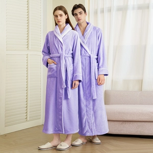 Matching couple long flannel robes in lavender purple with white trim for winter warmth