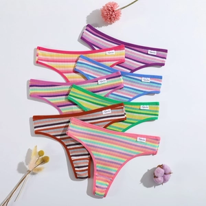Women Cotton Ribbed Thongs Colorful Striped Low Waist Breathable T-Back Underwear Soft Panties