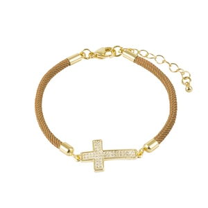 Detail of gold cross bracelet with micro-pave zircons and brown braided rope