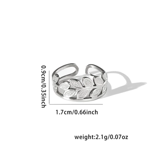 Detailed size specifications for a vintage stainless steel leaf design open ring