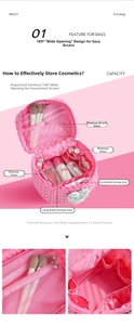 Pink quilted makeup bag detail showing 180-degree wide opening and interior brush pockets