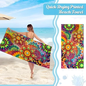 Detail of a microfiber quick-drying beach towel featuring a colorful mandala 3D print pattern