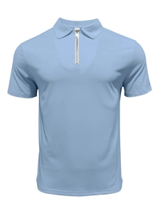 Detail of light blue short sleeve polo shirt with metallic silver zipper collar in M size