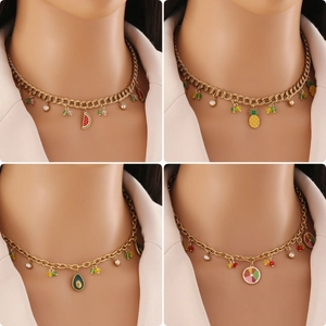 Fruit Pendant Necklace Stainless Steel Enamel Watermelon Pineapple Avocado Jewelry For Women Colorful Beads Rhinestones