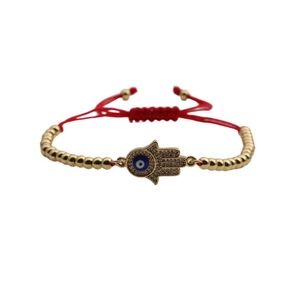 Adjustable Hamsa Hand bracelet with evil eye charm, red cord and golden beads