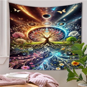 Artistic detail of life tree tapestry with cosmic stars and butterfly in cozy reading nook