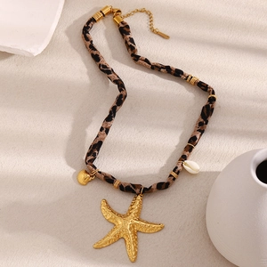 18K gold plated starfish necklace with leopard print cord and seashell charms