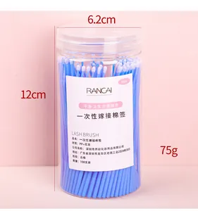 Detailed view of 100 blue disposable micro brushes for eyelash grafting in a plastic bottle