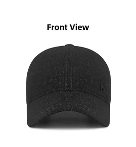 Front view of wool texture winter baseball cap with metal N logo and warm ear protection