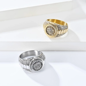 Mens hip hop 18K gold and silver plated stainless steel ring with micro paved rhinestones