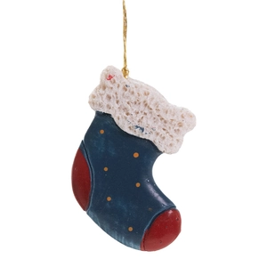 Décoration de botte de Noël en résine bleue avec pois dorés et détails rouges