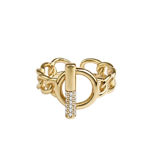 Golden Cuban link chain ring with a crystal-encrusted T-bar toggle clasp design