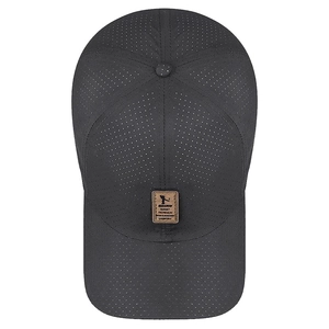 Dark gray breathable mesh baseball cap with vintage brown leather patch and six-panel crown