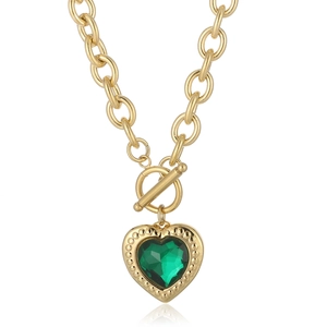 Stainless Steel Heart Pendant Necklace For Women Glass Crystal Colorful Heart Toggle Clasp O-Chain Fashion Jewelry Neckpiece