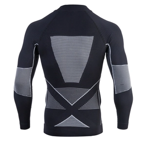 Back view showing gray geometric compression zones on men's black sports thermal underwear
