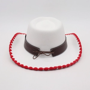 Detailed view of a white felt cowboy hat featuring red crochet trim and a brown ribbon tie
