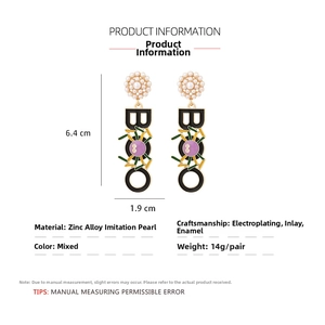 Detail showing Halloween BOO spider earrings dimensions with pearl and enamel accents