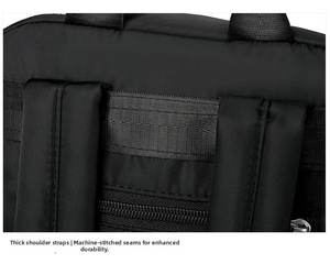 Detail of thickened shoulder straps and neat stitching on a durable black backpack