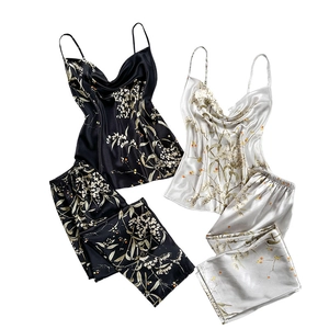 Women's floral satin pajama set with silk-like V-neck camisole and long pants