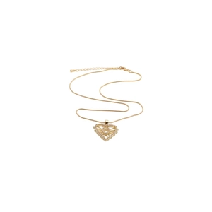 Detail showing a golden snake chain necklace with a heart pendant and eye motif
