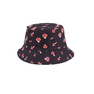 Reversible black bucket hat featuring cute red mushroom patterns and casual cotton style