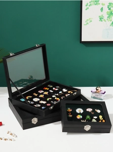 Macro view of black pin display case with transparent lid and secure metal clasp