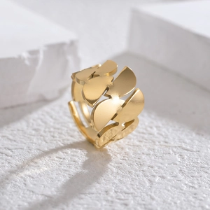 Irregular 14K gold-plated stainless steel wide leaf ring with adjustable open design