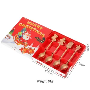 Rose gold Christmas stainless steel spoon set in a festive red gift box with motifs