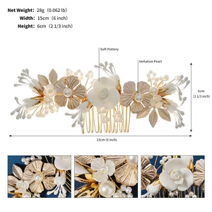 Detail view of bridal hair comb with gold leaves, white pottery flowers and pearls