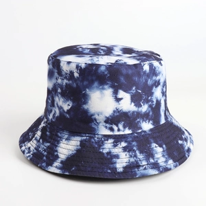Detailed view of reinforced stitching on a tie-dye cotton bucket hat brim