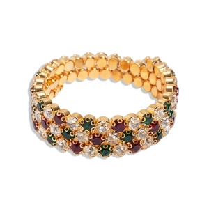 Three-layer gold bangle set with sparkling red green and clear crystal gemstones